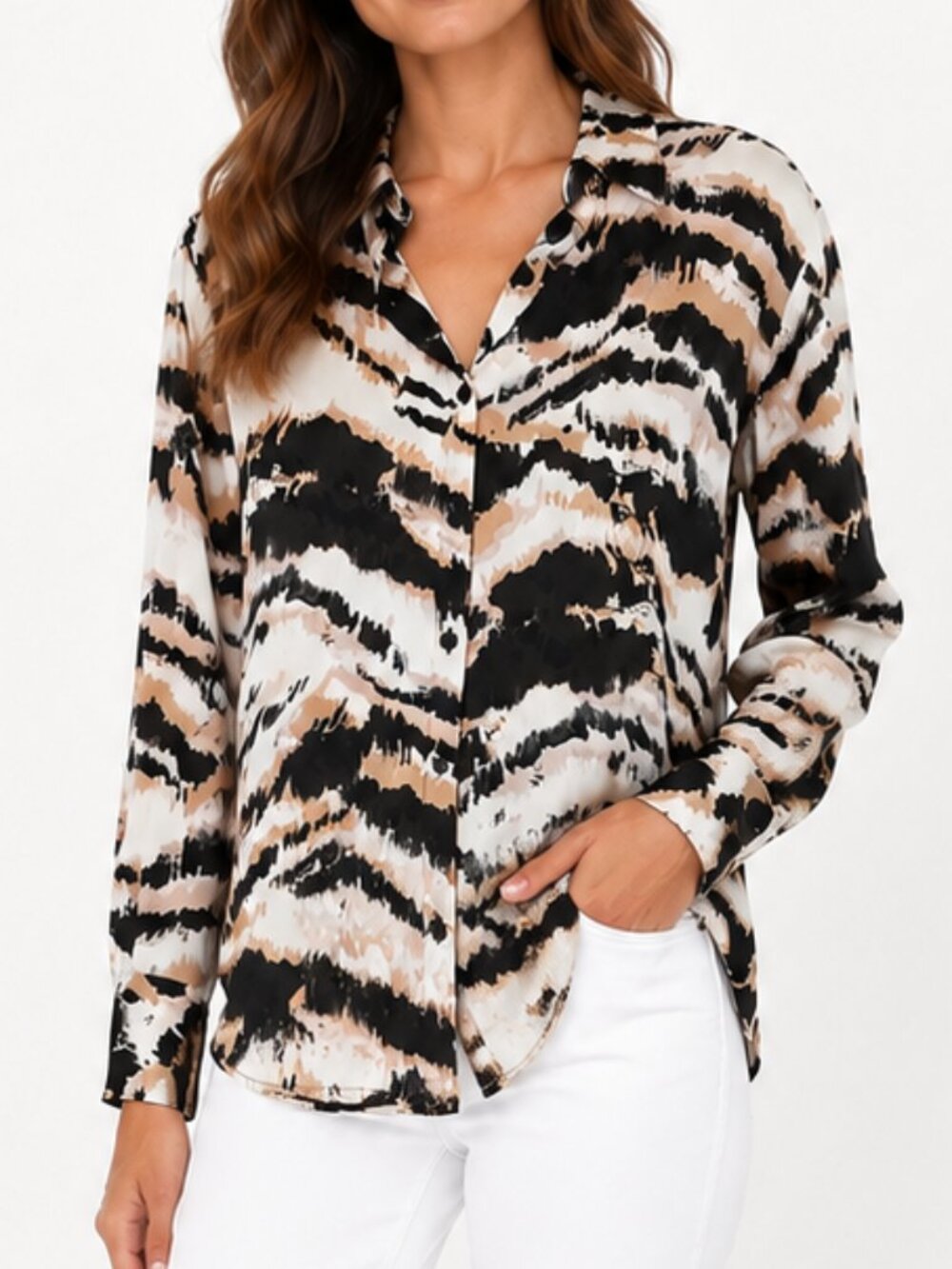 ZARA Abstract Zebra Tiger Stripe Print Button Down Hi-Lo Blouse Size XS NWOT
